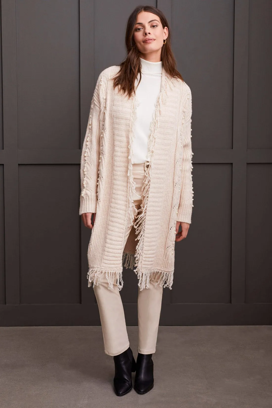 FRINGED SWEATER CARDIGAN WITH PEARL DETAILS-Moonstone
