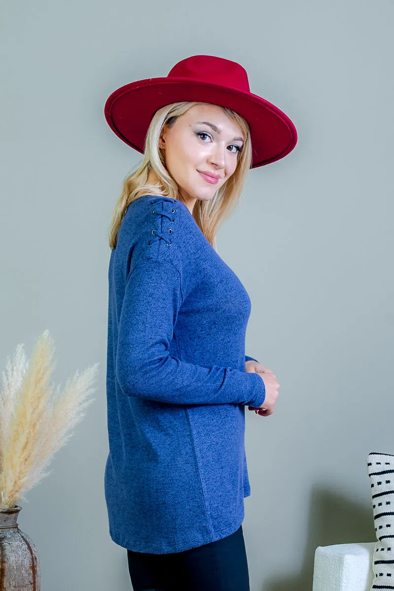 Heathered Cashmere Soft Long Sleeve V Neck Top with Criss Cross Detail at Shoulder (FK194039)