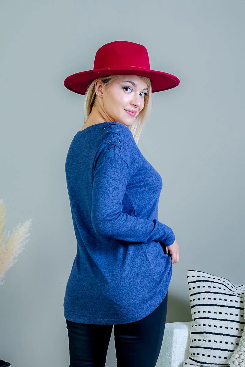 Heathered Cashmere Soft Long Sleeve V Neck Top with Criss Cross Detail at Shoulder (FK194039)