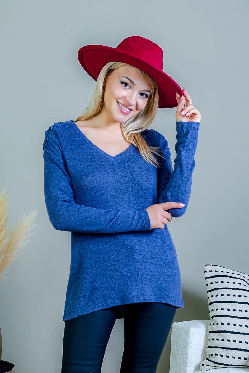 Heathered Cashmere Soft Long Sleeve V Neck Top with Criss Cross Detail at Shoulder (FK194039)