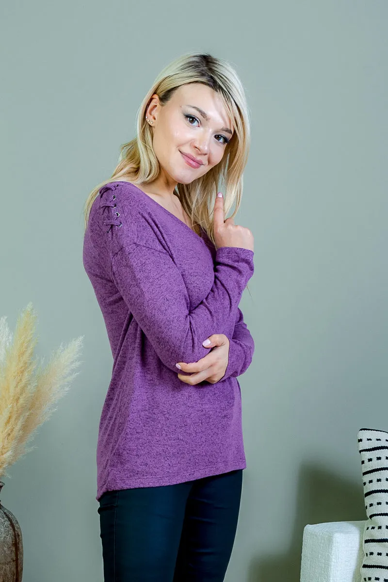 Heathered Cashmere Soft Long Sleeve V Neck Top with Criss Cross Detail at Shoulder (FK194039)