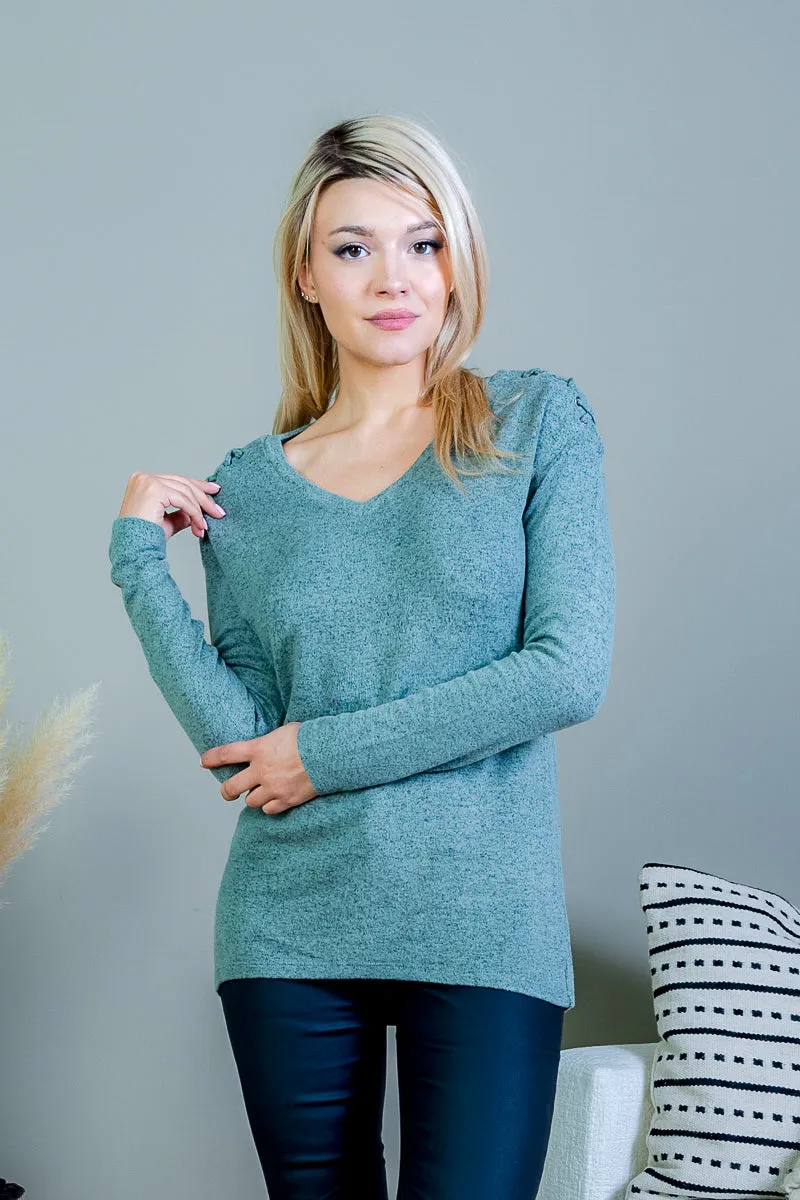 Heathered Cashmere Soft Long Sleeve V Neck Top with Criss Cross Detail at Shoulder (FK194039)