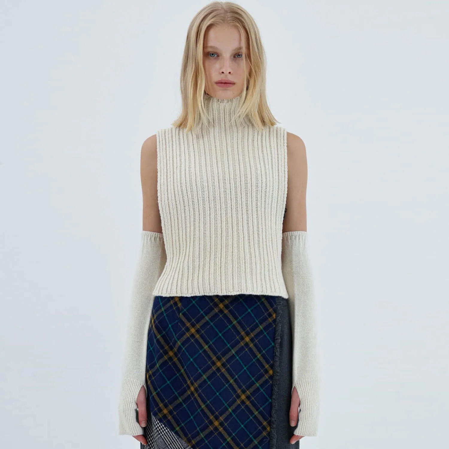 Retro High Neck Solid Color Pullover Cropped Knit Tank Top