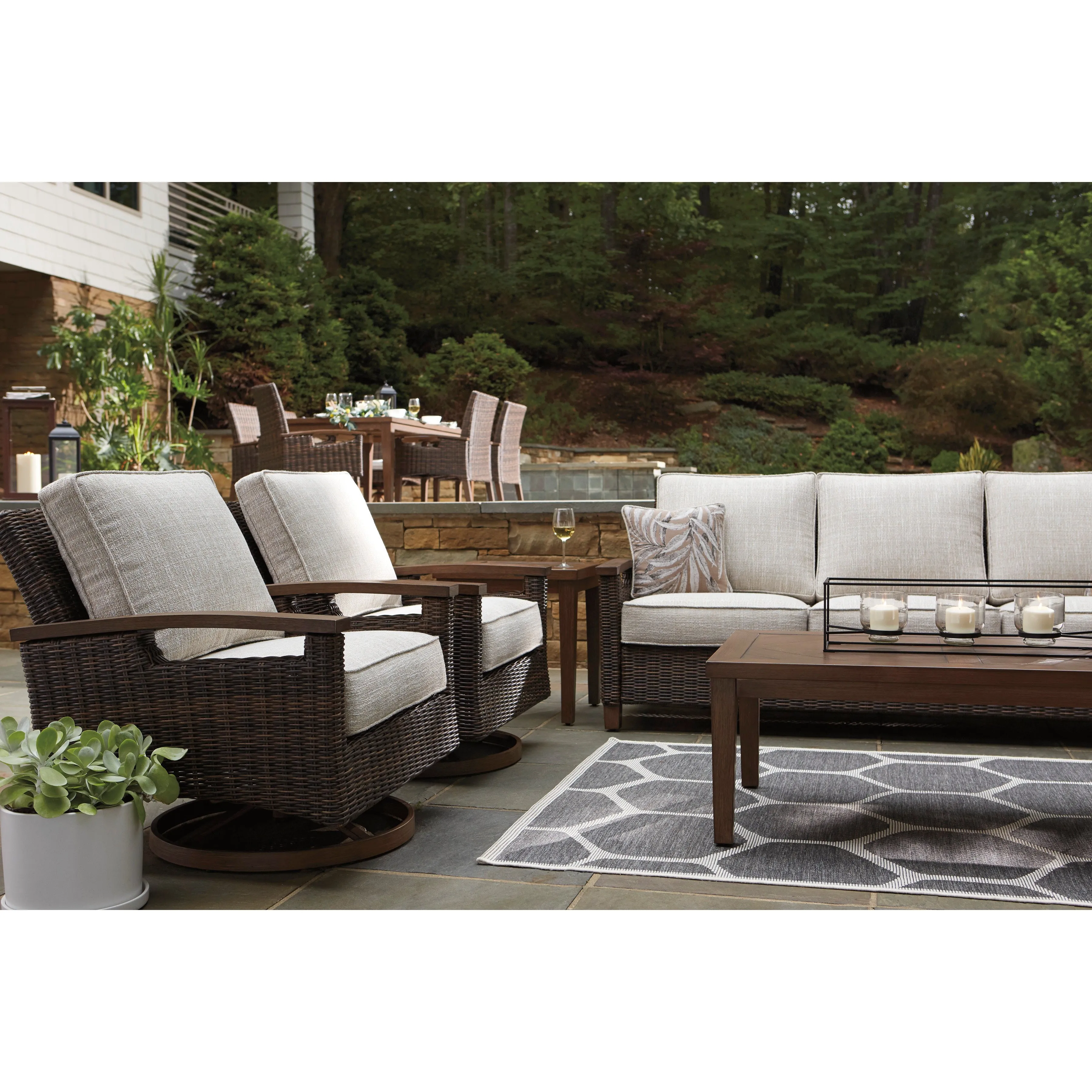 Sea Cliff 4pc Outdoor Seating Set:Sofa   2 Swivel Rocker Club Chairs   Firepit