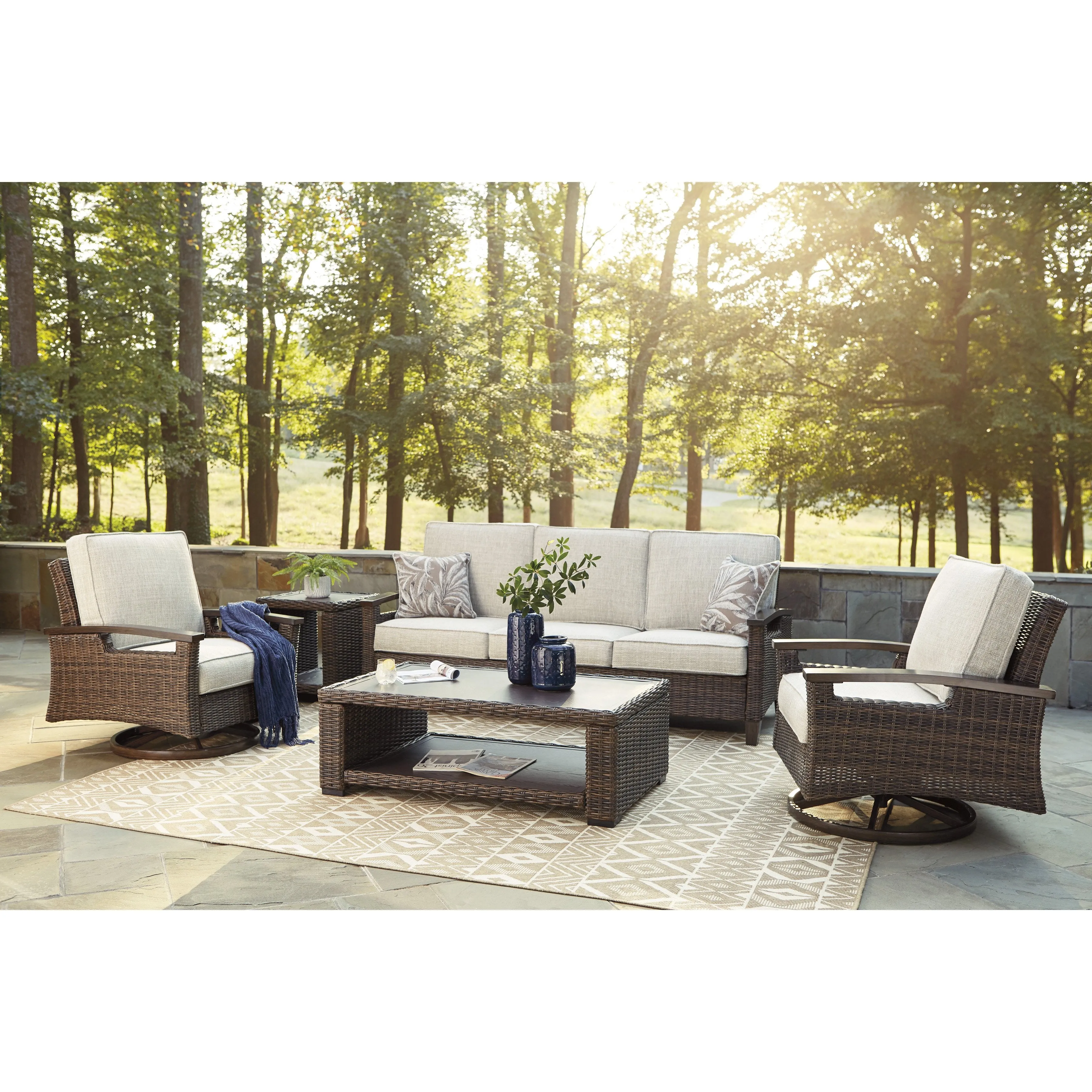 Sea Cliff 4pc Outdoor Seating Set:Sofa   2 Swivel Rocker Club Chairs   Firepit