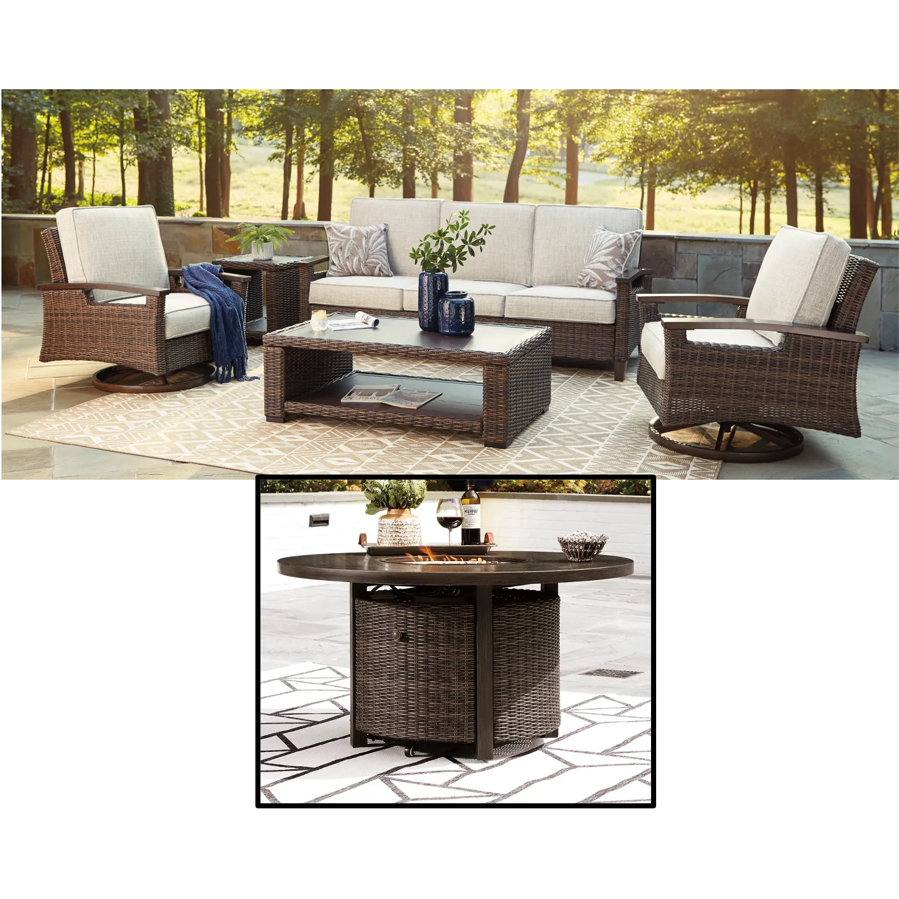 Sea Cliff 4pc Outdoor Seating Set:Sofa   2 Swivel Rocker Club Chairs   Firepit