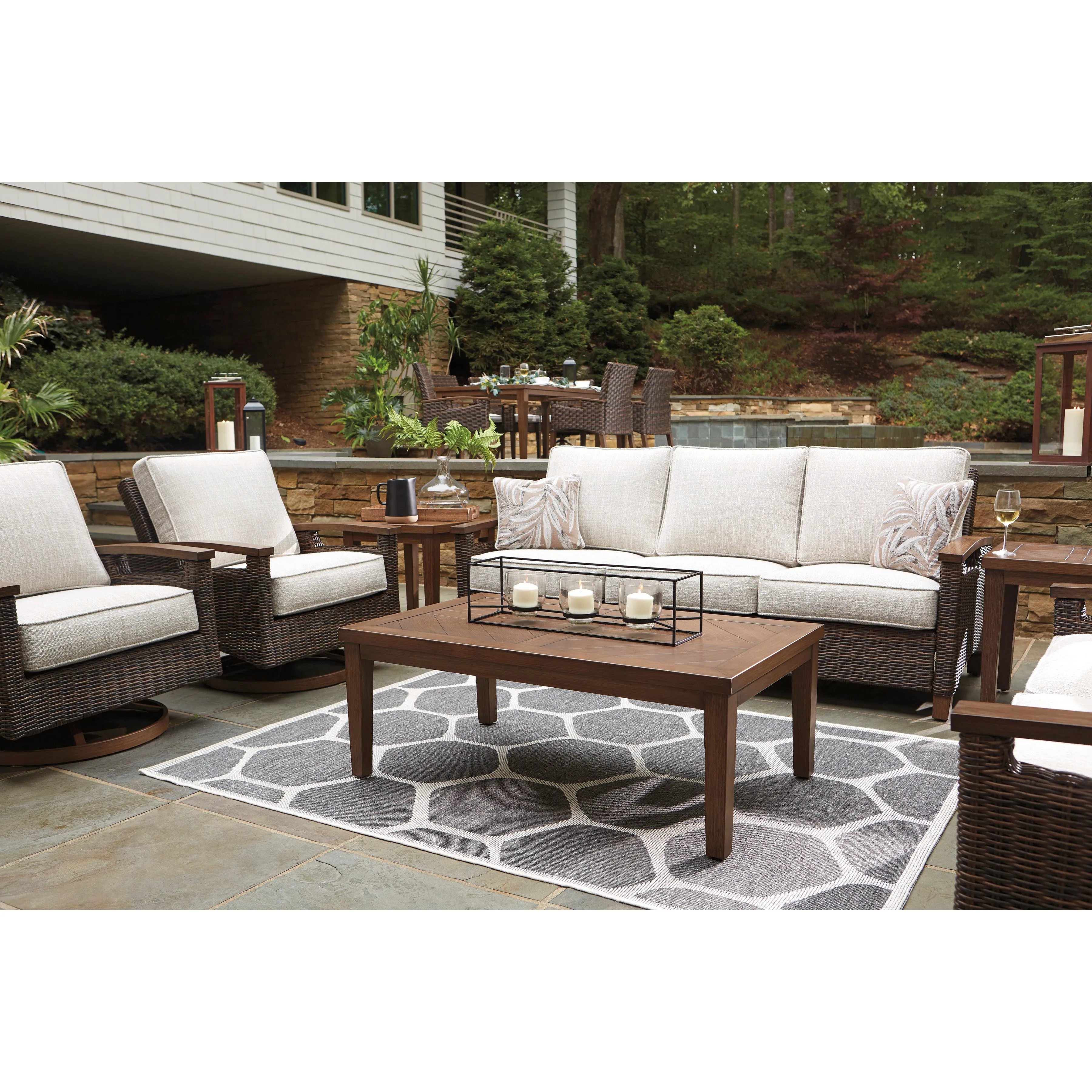 Sea Cliff 4pc Outdoor Seating Set:Sofa   2 Swivel Rocker Club Chairs   Firepit