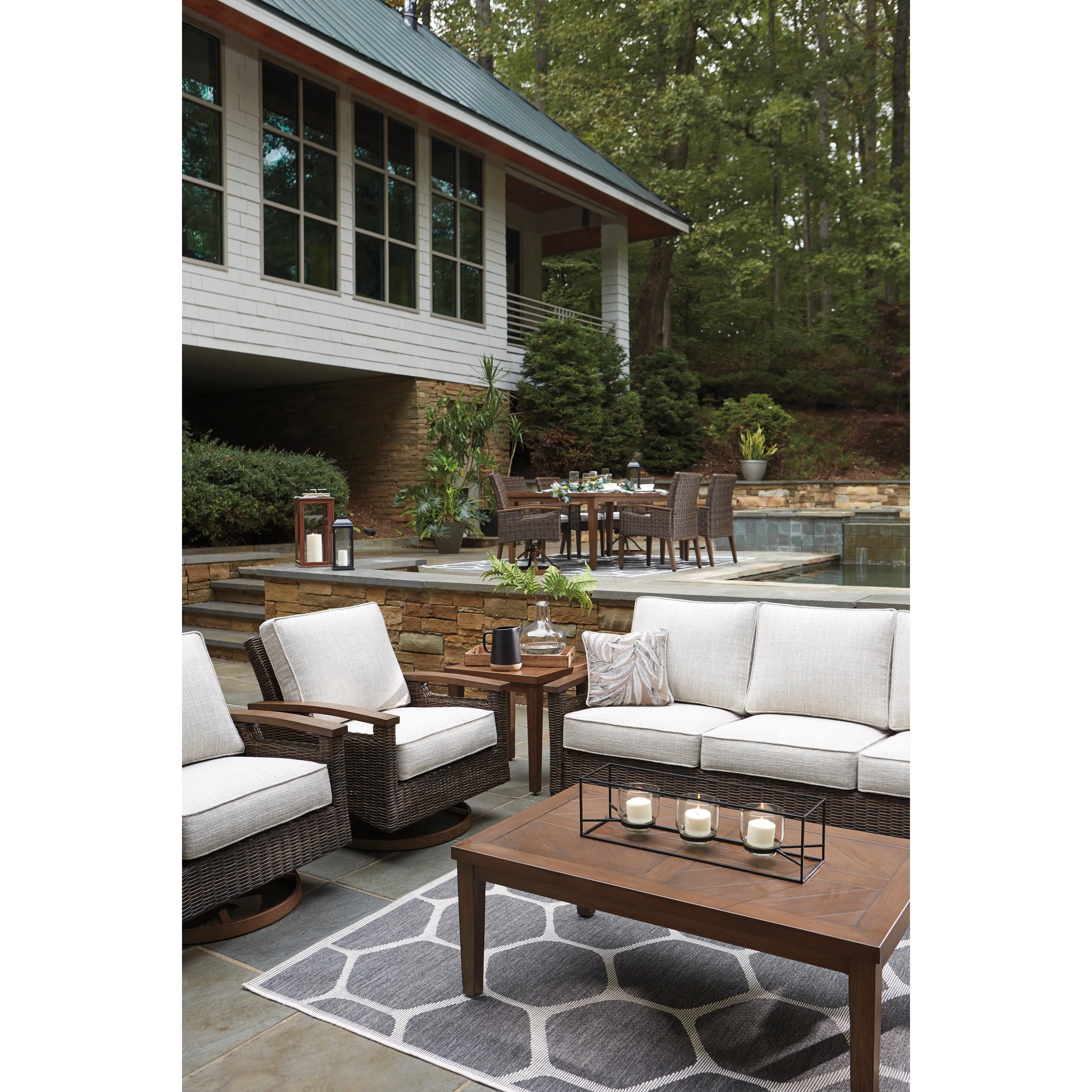 Sea Cliff 4pc Outdoor Seating Set:Sofa   2 Swivel Rocker Club Chairs   Firepit