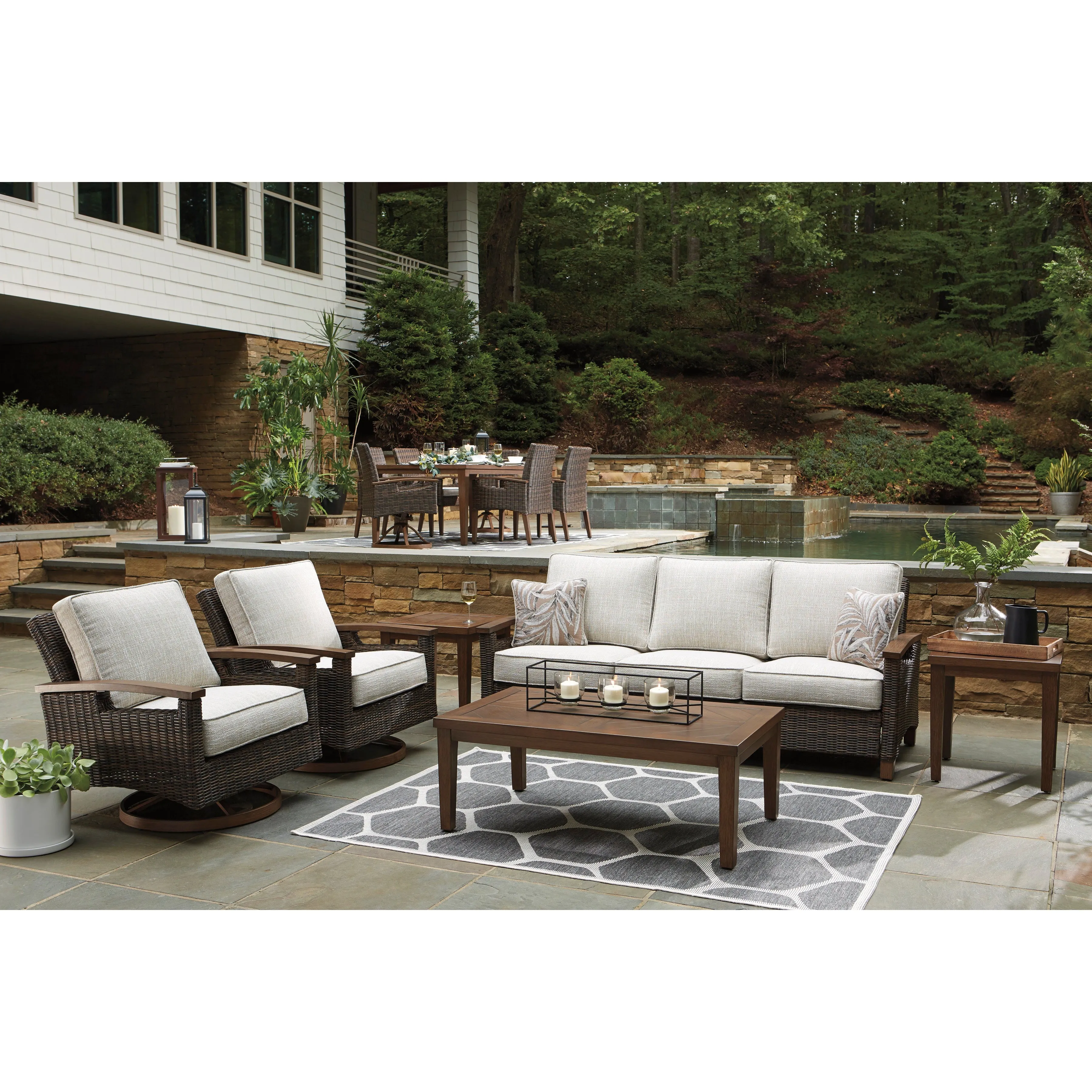 Sea Cliff 4pc Outdoor Seating Set:Sofa   2 Swivel Rocker Club Chairs   Firepit