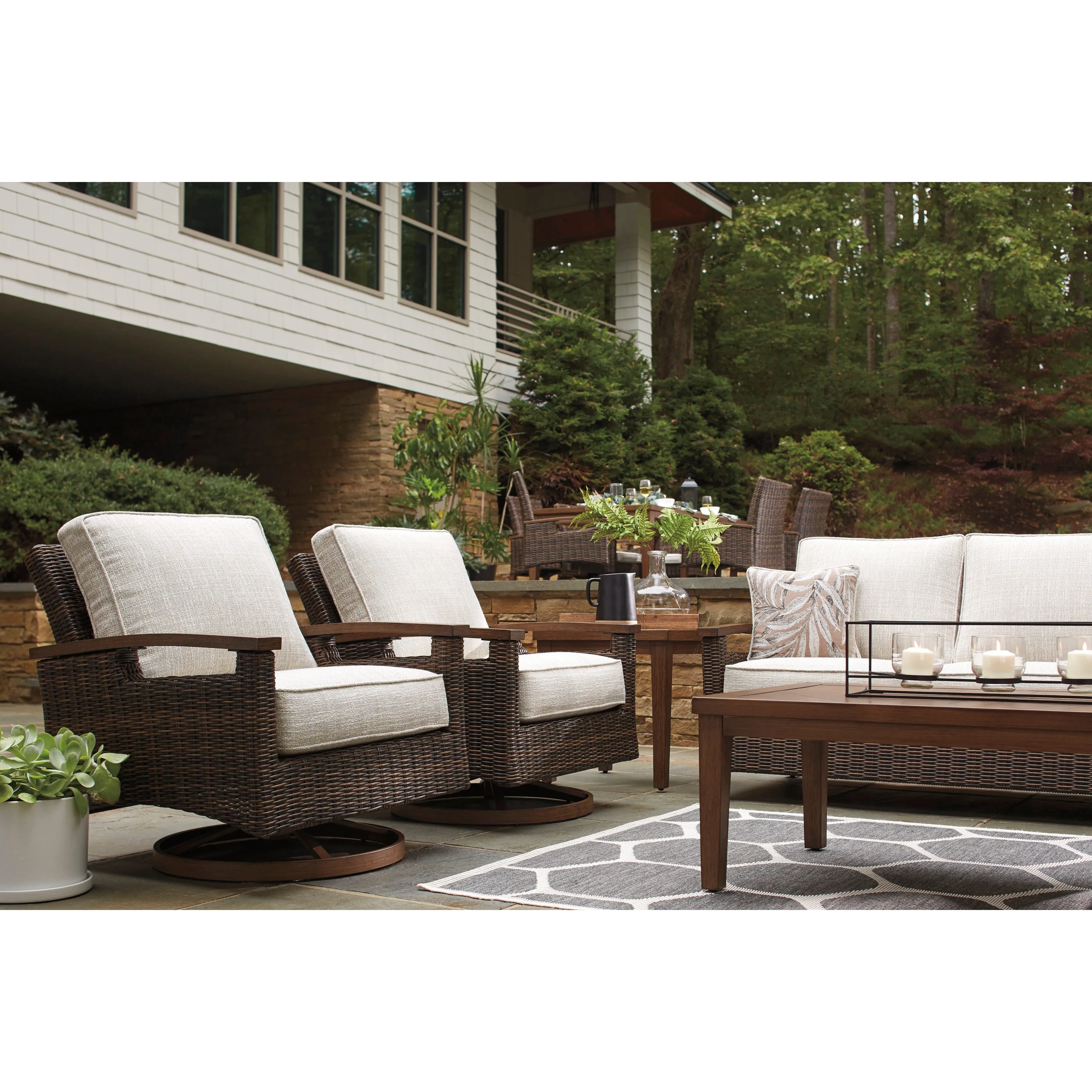 Sea Cliff 4pc Outdoor Seating Set:Sofa   2 Swivel Rocker Club Chairs   Firepit