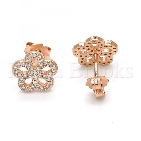 Sterling Silver 02.174.0084.1 Stud Earring, Flower Design, with White Cubic Zirconia, Polished Finish, Rose Gold Tone