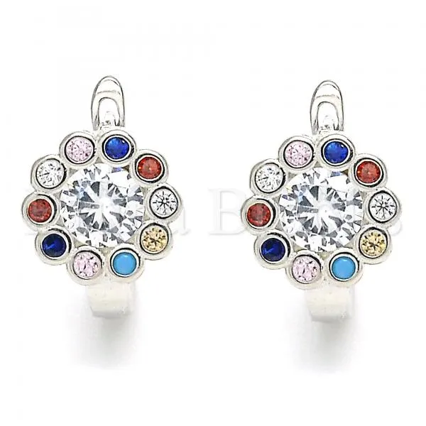 Sterling Silver 02.186.0186.12 Huggie Hoop, Flower Design, with Multicolor Cubic Zirconia, Polished Finish, Rhodium Tone