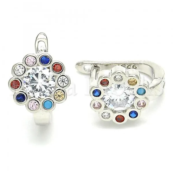 Sterling Silver 02.186.0186.12 Huggie Hoop, Flower Design, with Multicolor Cubic Zirconia, Polished Finish, Rhodium Tone