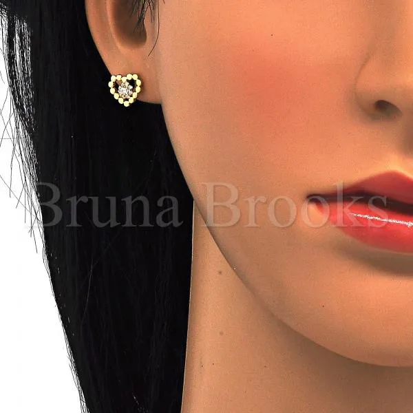 Sterling Silver 02.285.0057 Stud Earring, Heart and Flower Design, with White Cubic Zirconia, Polished Finish, Golden Tone