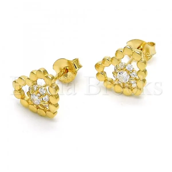 Sterling Silver 02.285.0057 Stud Earring, Heart and Flower Design, with White Cubic Zirconia, Polished Finish, Golden Tone