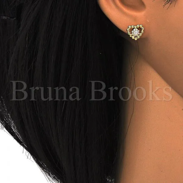 Sterling Silver 02.285.0057 Stud Earring, Heart and Flower Design, with White Cubic Zirconia, Polished Finish, Golden Tone