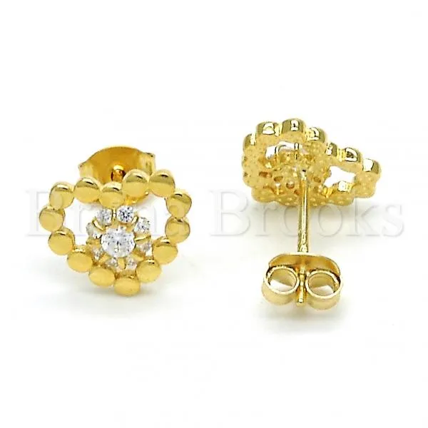 Sterling Silver 02.285.0057 Stud Earring, Heart and Flower Design, with White Cubic Zirconia, Polished Finish, Golden Tone