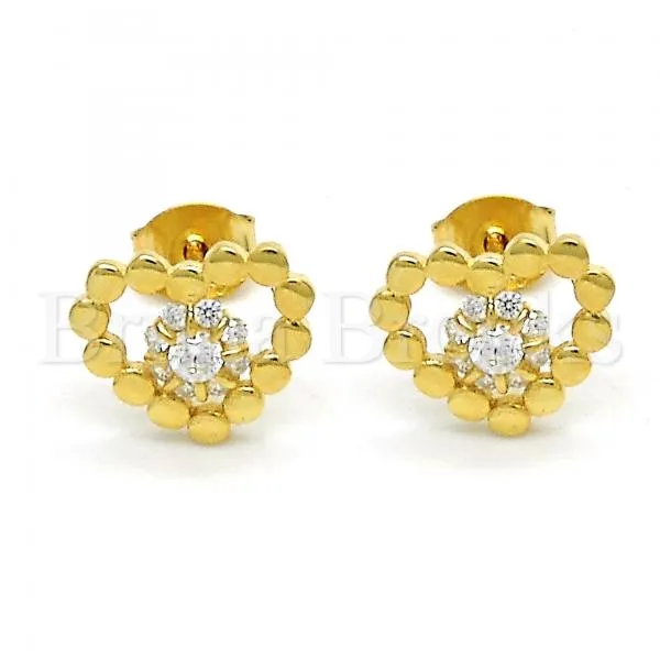 Sterling Silver 02.285.0057 Stud Earring, Heart and Flower Design, with White Cubic Zirconia, Polished Finish, Golden Tone