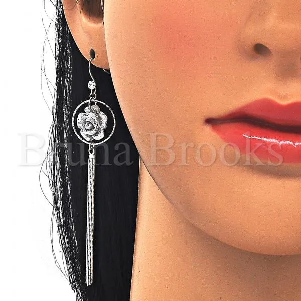 Sterling Silver 02.367.0004 Long Earring, Flower Design, with White Crystal, Polished Finish, Rhodium Tone