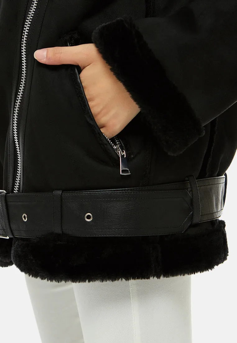 suede belted fur lined jacket
