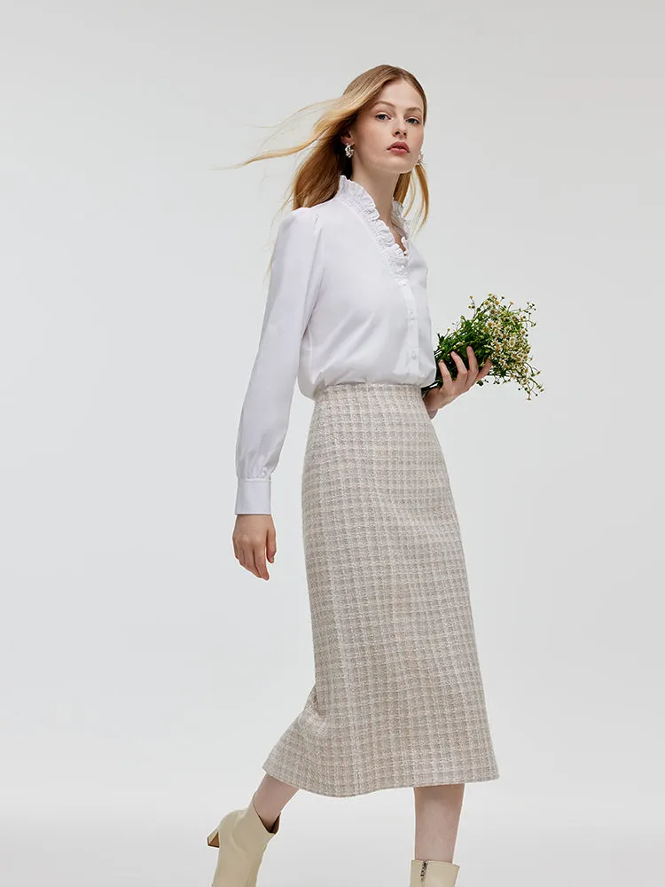 Wool Blend Tweed V-Neck Women Crop Jacket And Skirt Two-Piece Set