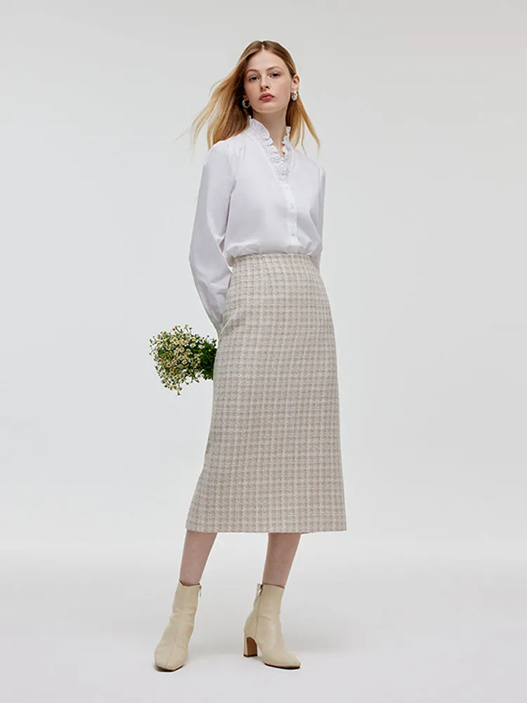 Wool Blend Tweed V-Neck Women Crop Jacket And Skirt Two-Piece Set