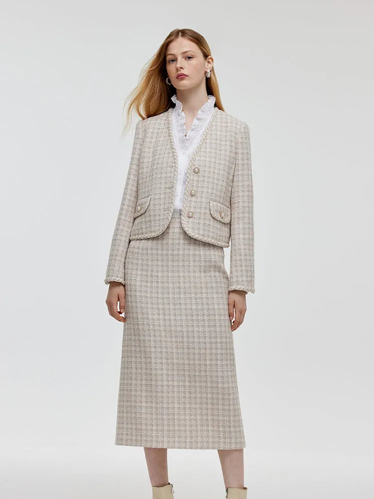 Wool Blend Tweed V-Neck Women Crop Jacket And Skirt Two-Piece Set
