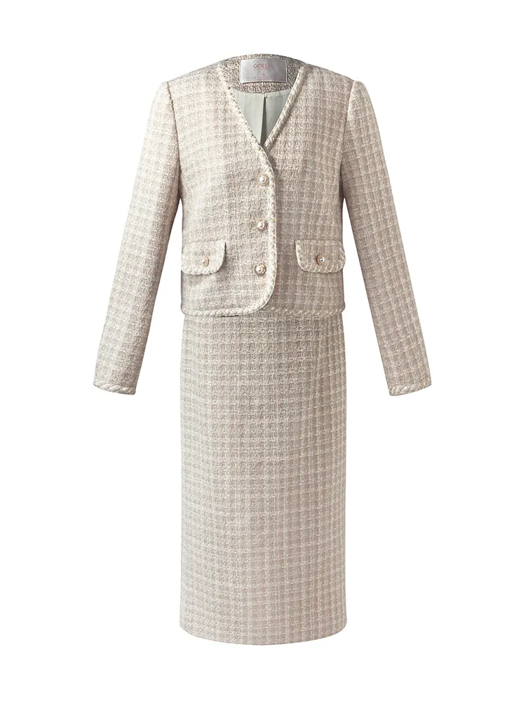 Wool Blend Tweed V-Neck Women Crop Jacket And Skirt Two-Piece Set