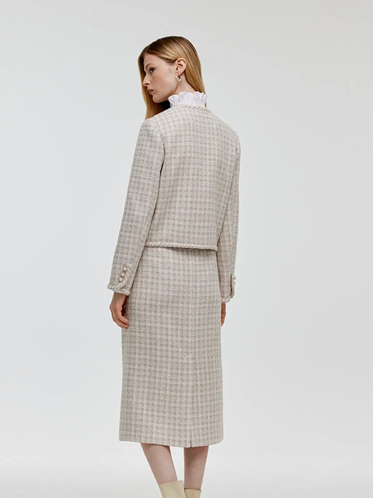 Wool Blend Tweed V-Neck Women Crop Jacket And Skirt Two-Piece Set