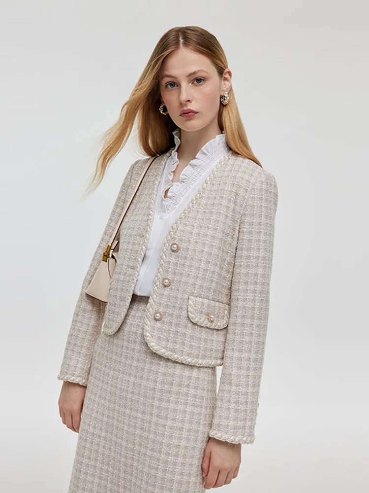Wool Blend Tweed V-Neck Women Crop Jacket And Skirt Two-Piece Set