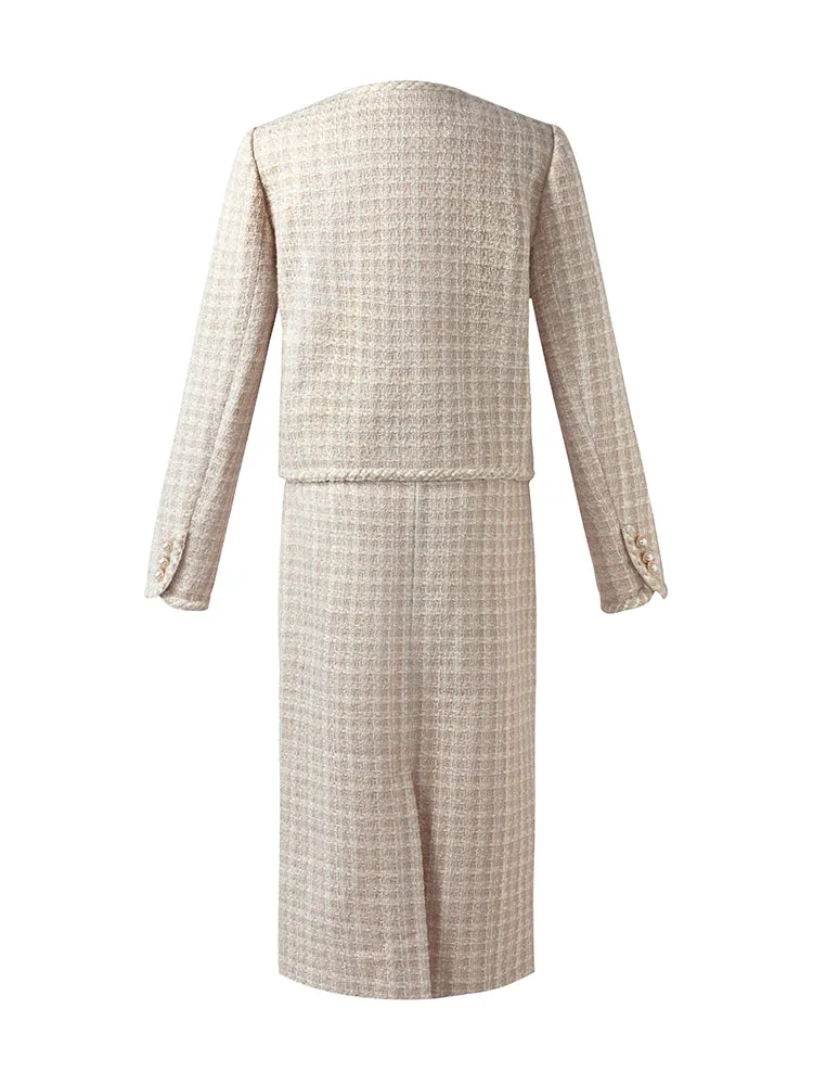 Wool Blend Tweed V-Neck Women Crop Jacket And Skirt Two-Piece Set