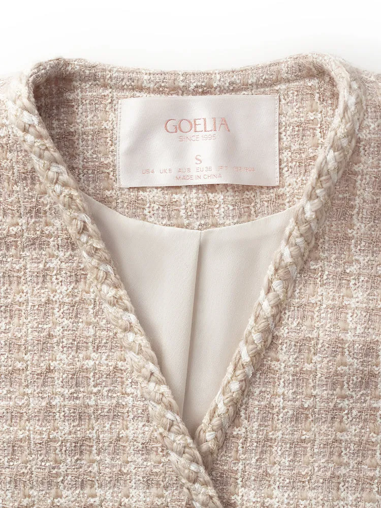 Wool Blend Tweed V-Neck Women Crop Jacket And Skirt Two-Piece Set